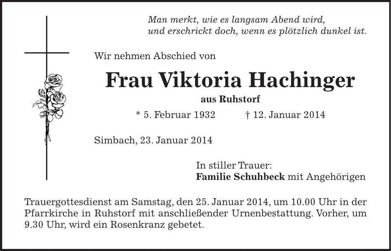 Traueranzeige Viktoria Hachinger