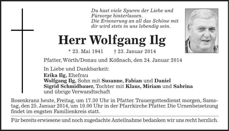 Traueranzeige Wolfgang Ilg