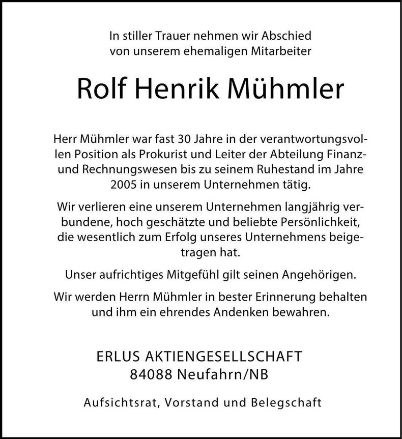 Traueranzeige Rolf, Henrik Mühmler