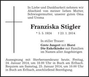 Traueranzeige Franziska Stigler