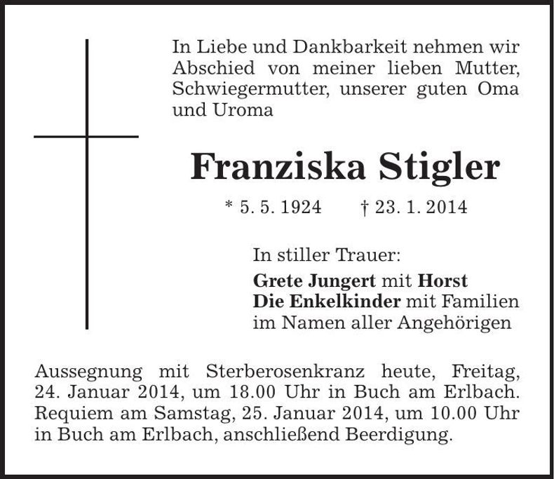 Traueranzeige Franziska Stigler