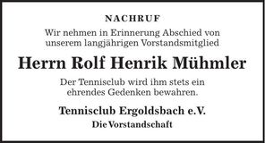 Traueranzeige Rolf Henrik Mühmler
