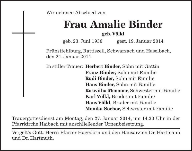 Traueranzeige Amalie Binder