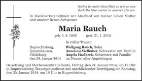 Traueranzeige Maria Rauch