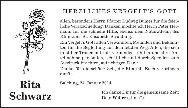 Traueranzeige Rita Schwarz