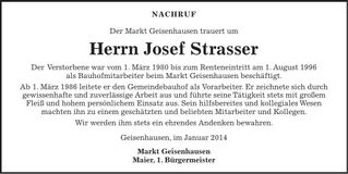 Traueranzeige Josef Strasser