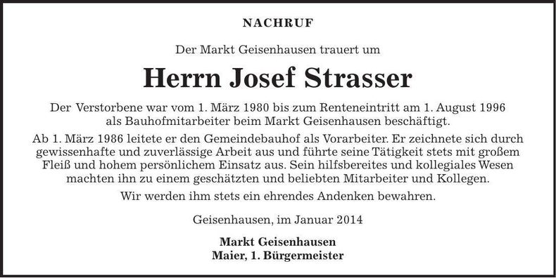 Traueranzeige Josef Strasser