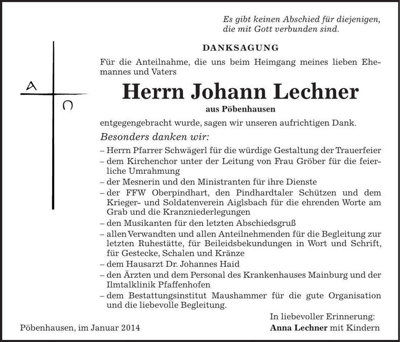 Traueranzeige Johann Lechner