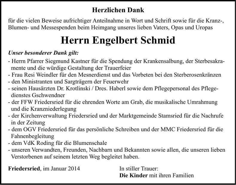 Traueranzeige Engelbert Schmid