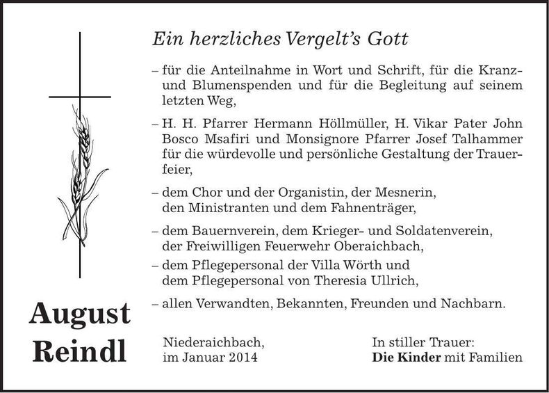 Traueranzeige August Reindl