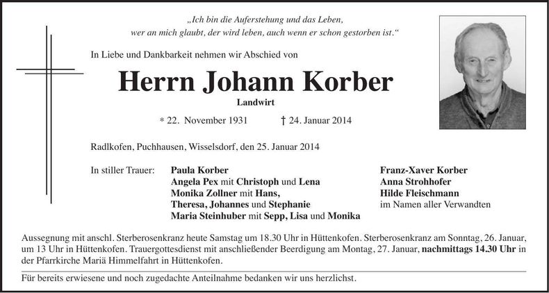 Traueranzeige Johann Korber