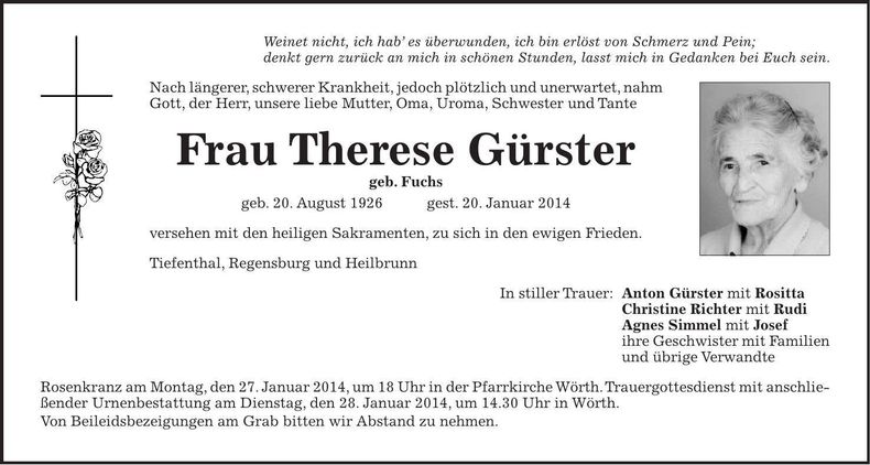 Traueranzeige Therese Gürster