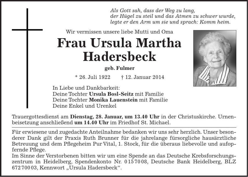 Traueranzeige Martha Hadersbeck