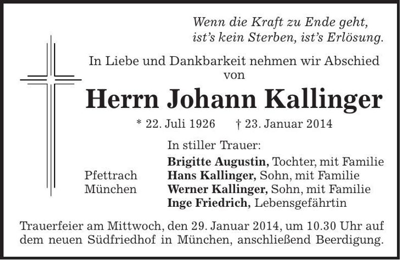 Traueranzeige Johann Kallinger