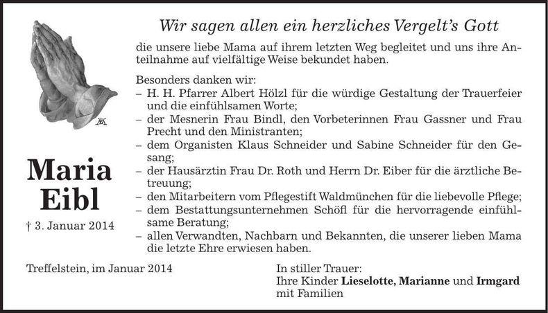 Traueranzeige Maria Eibl