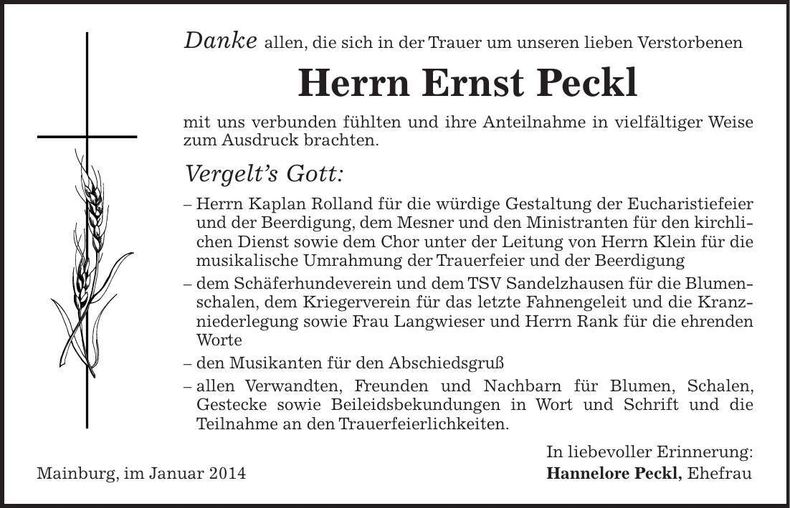 Traueranzeige Ernst Peckl
