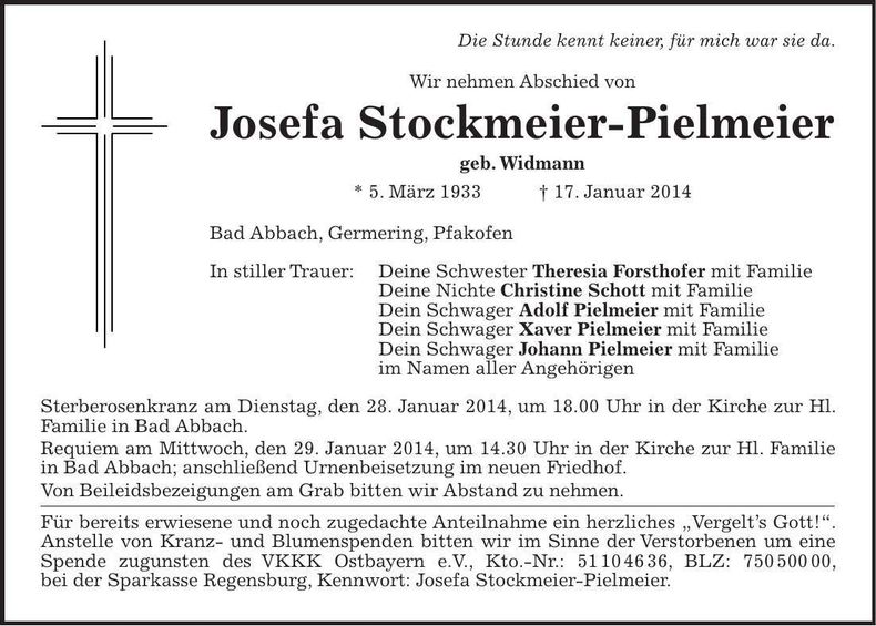 Traueranzeige Josefa Stockmeier-Pielmeier