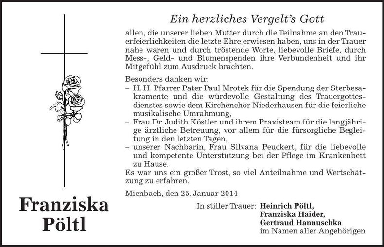 Traueranzeige Franziska Pöltl