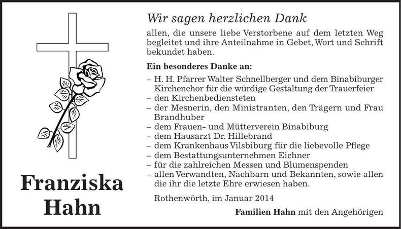 Traueranzeige Franziska Hahn