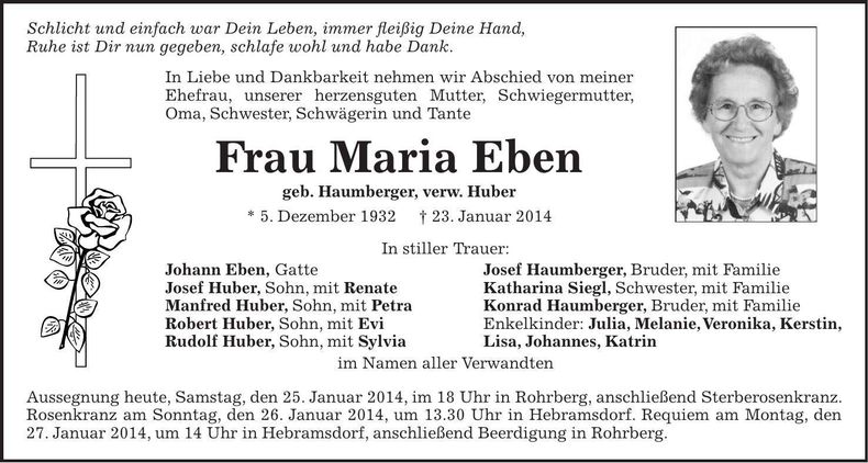 Traueranzeige Maria Eben