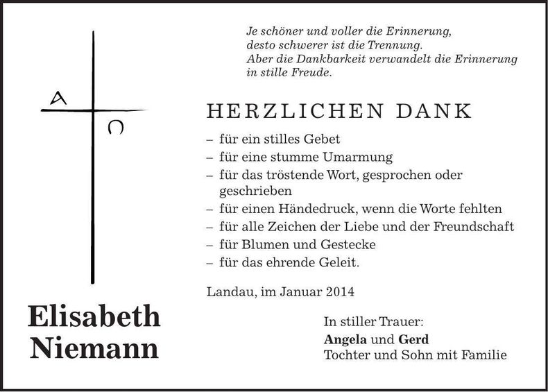 Traueranzeige Elisabeth Niemann
