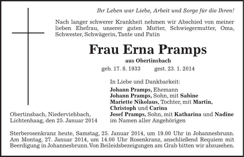 Traueranzeige Erna Pramps