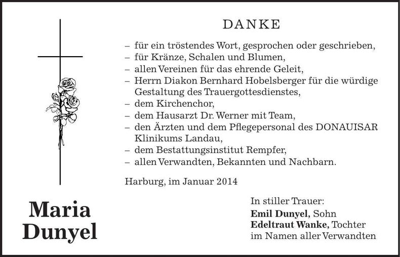 Traueranzeige Maria Dunyel