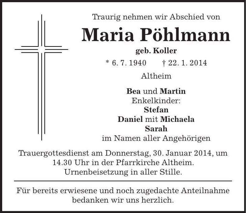 Traueranzeige Maria Pöhlmann