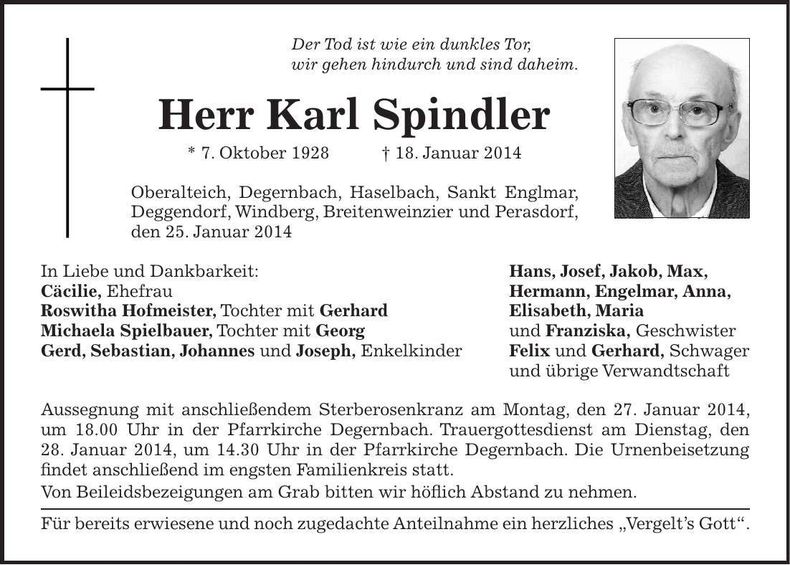 Traueranzeige Karl Spindler