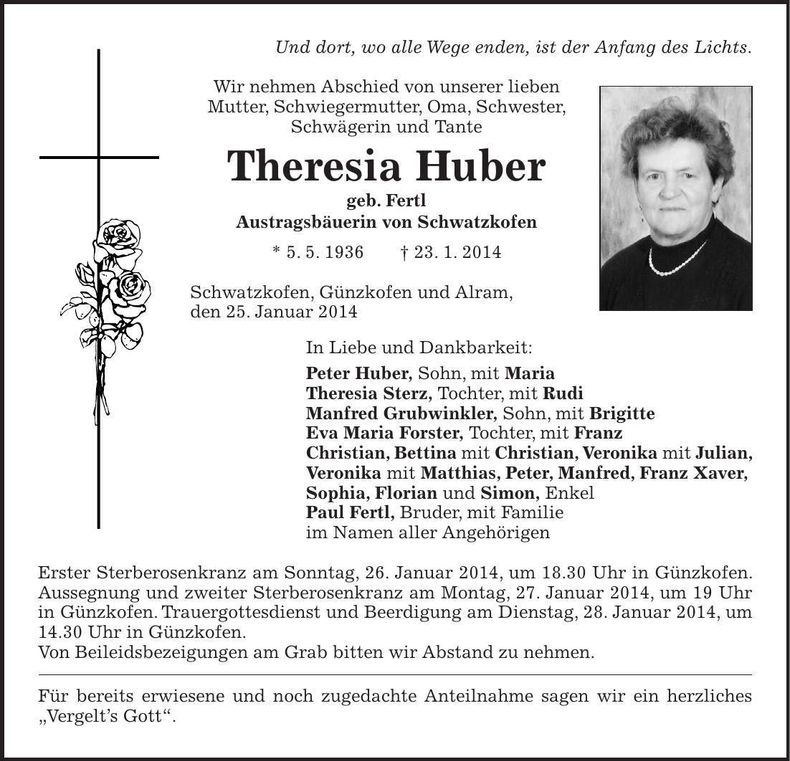 Traueranzeige Theresia Huber