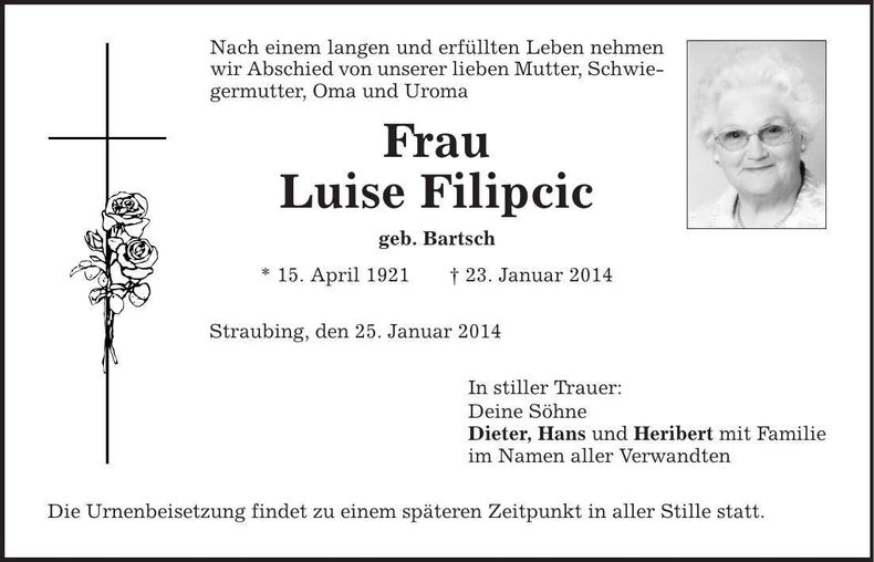 Traueranzeige Luise Filipcic