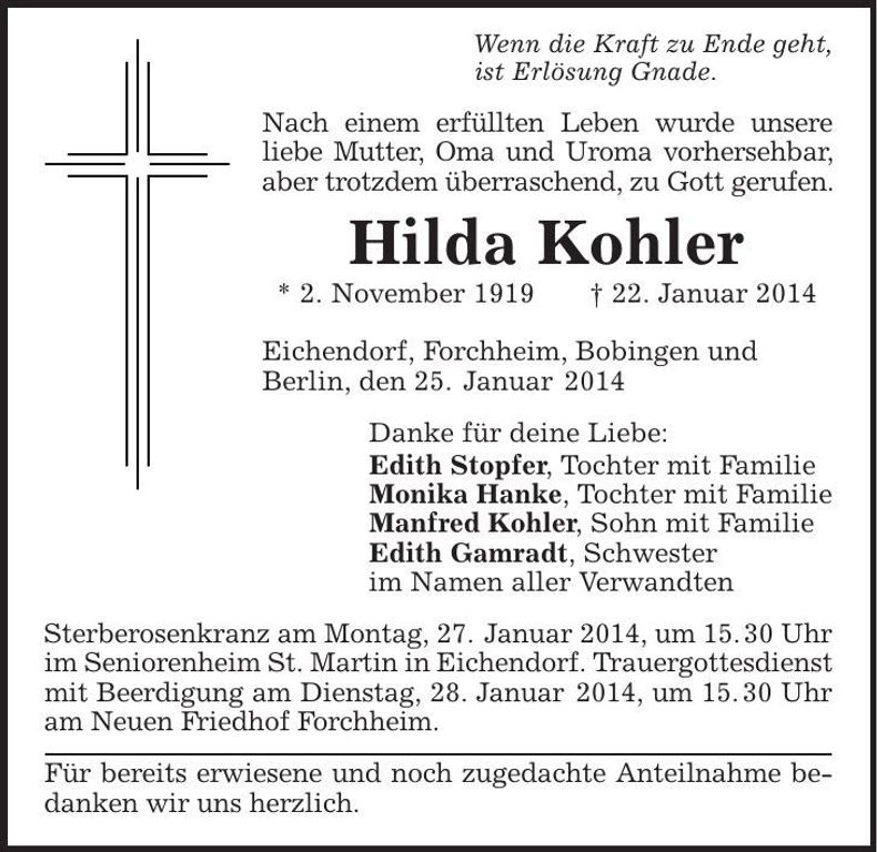 Traueranzeige Hilda Kohler