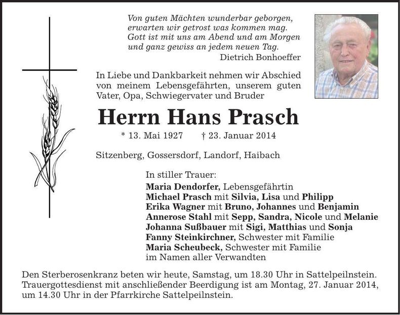 Traueranzeige Hans Prasch