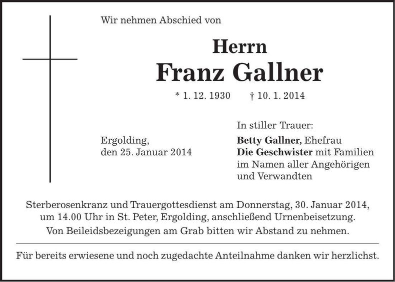 Traueranzeige Franz Gallner