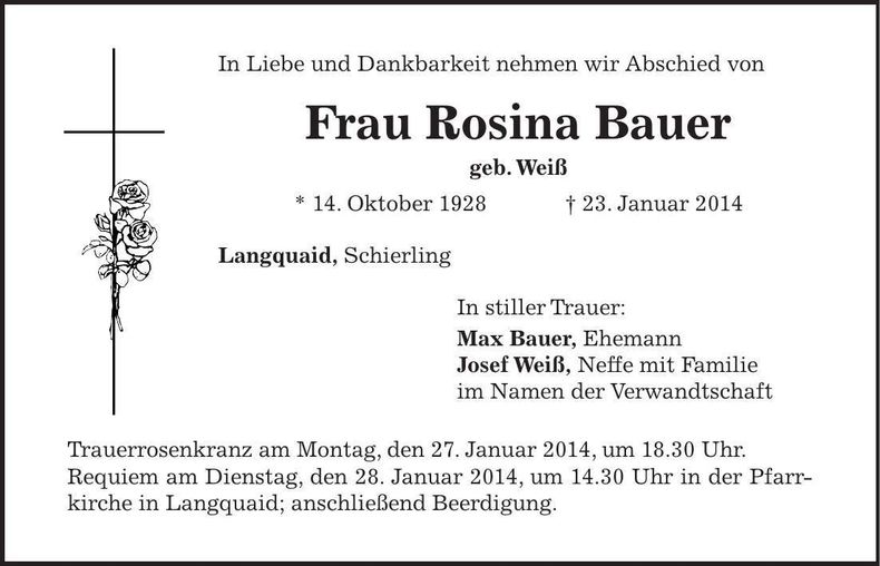 Traueranzeige Rosina Bauer