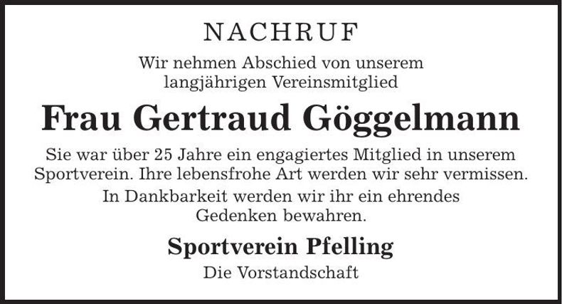 Traueranzeige Gertraud Göggelmann