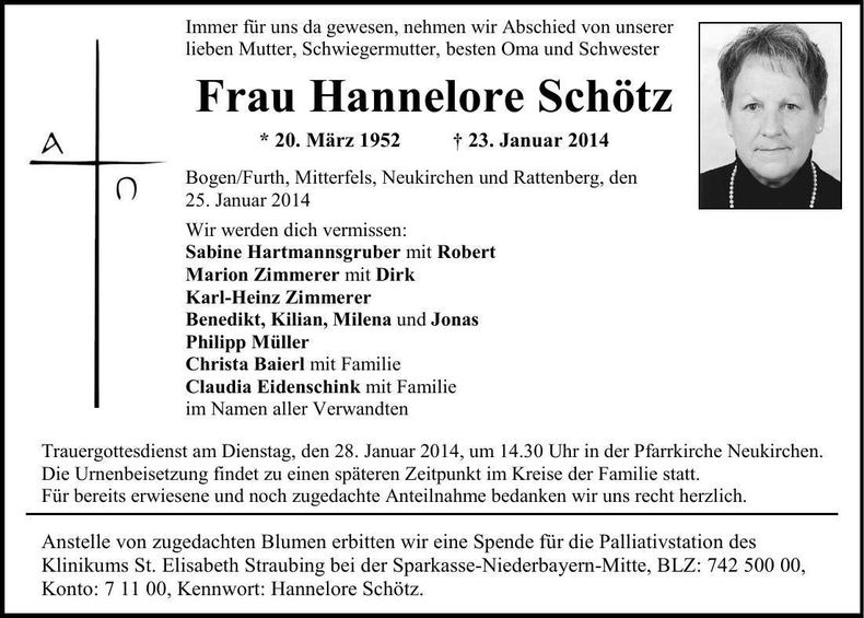 Traueranzeige Hannelore Schötz