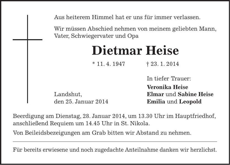 Traueranzeige Dietmar Heise