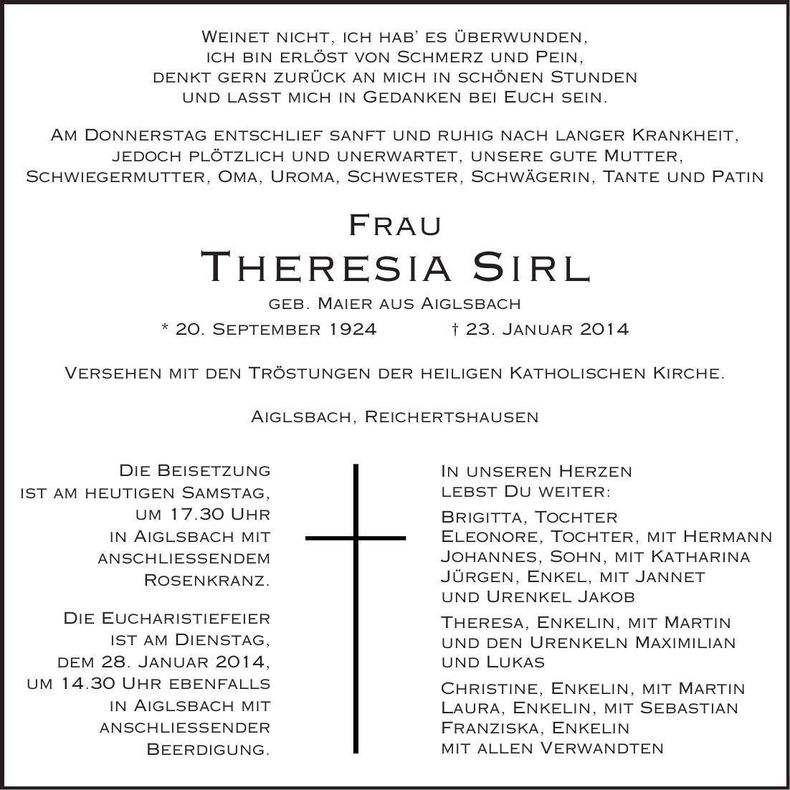 Traueranzeige Theresia Sirl