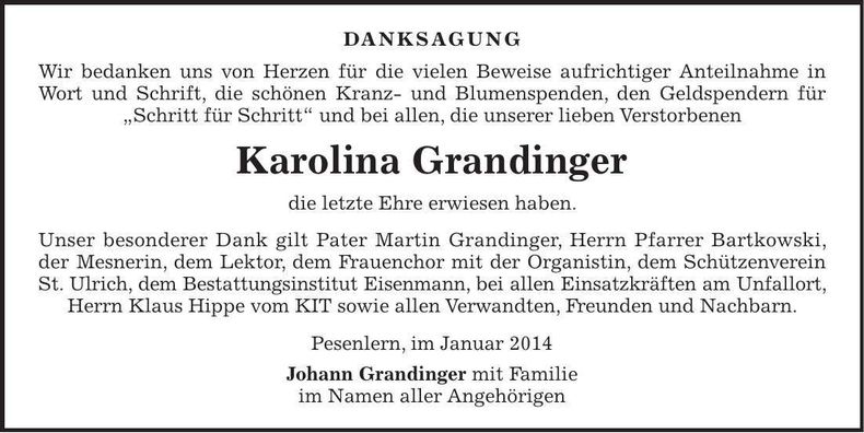 Traueranzeige Karolina Grandinger