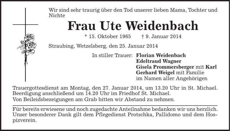 Traueranzeige Ute Weidenbach