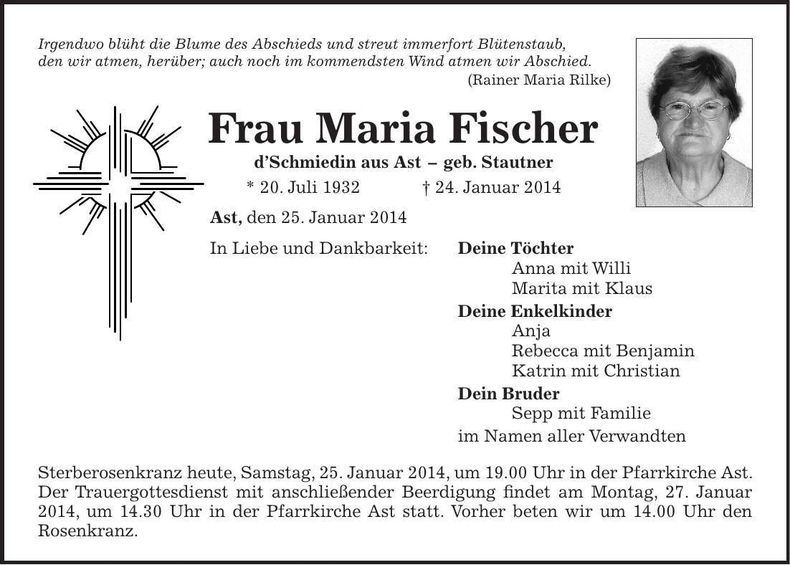 Traueranzeige Maria Fischer