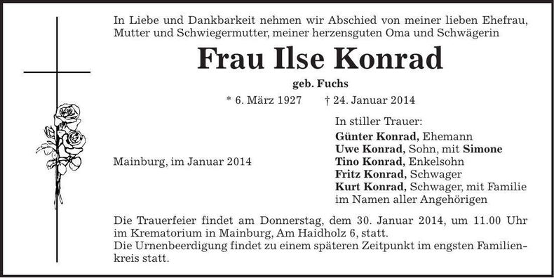Traueranzeige Ilse Konrad