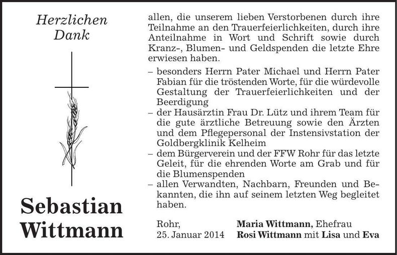 Traueranzeige Sebastian Wittmann