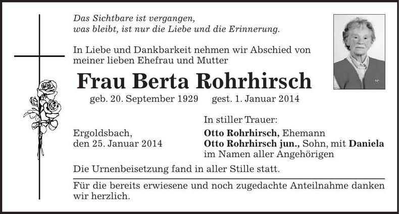 Traueranzeige Berta Rohrhirsch