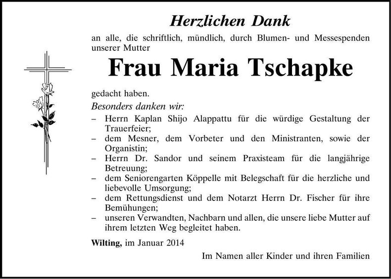 Traueranzeige Maria Tschapke