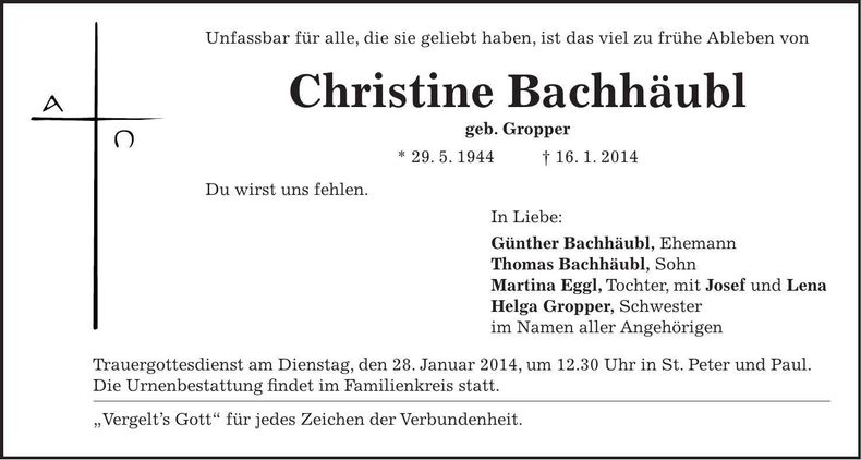 Traueranzeige Christine Bachhäubl