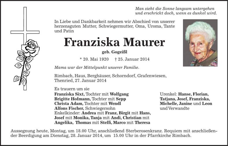 Traueranzeige Franziska Maurer