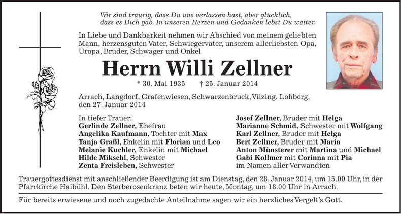 Traueranzeige Willi Zellner