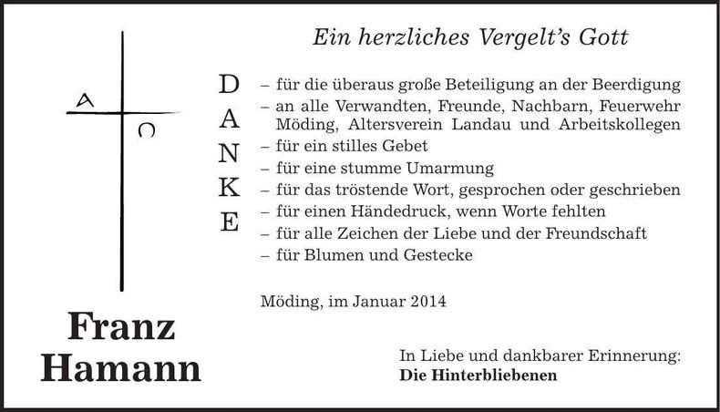 Traueranzeige Franz Hamann